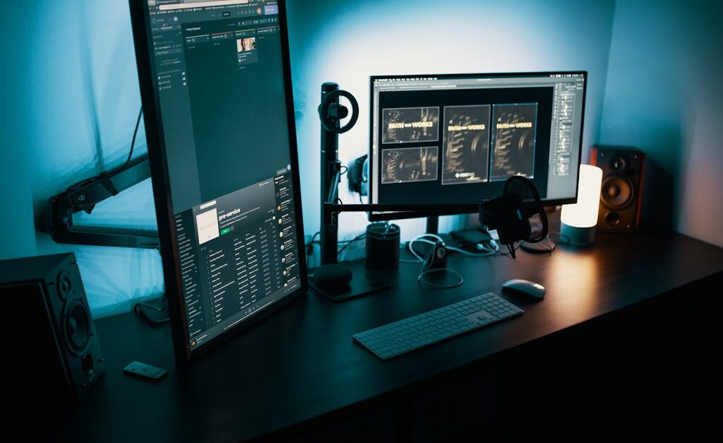 A contemporary office desk featuring a dual monitor setup with stylish lighting, ideal for tech enthusiasts.